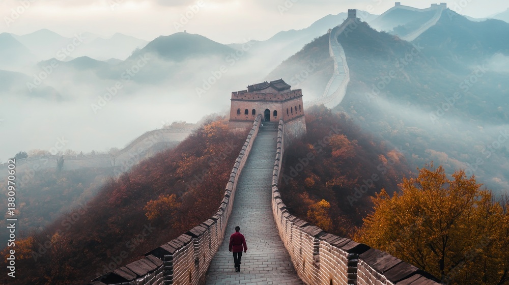 Walking Ancient Wall Adventure During Foggy Autumn Day in Mountains