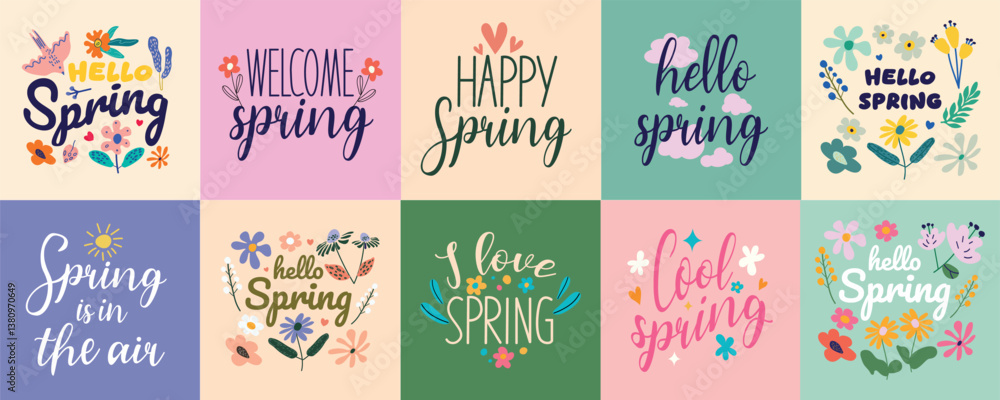 Naklejka premium Collection of Hello Spring inscriptions. Handmade springtime text quotes. Handwritten Hello Spring text banner concept. Vector lettering for greeting cards, seasonal designs, and typography projects. 