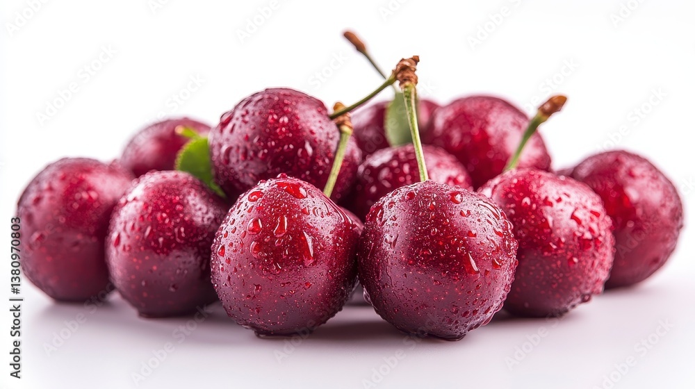 Cherries Pile of ripe red cherries with stems, water droplets, on white background Cherries Pile of ripe red cherries with stems, water droplets, on white background