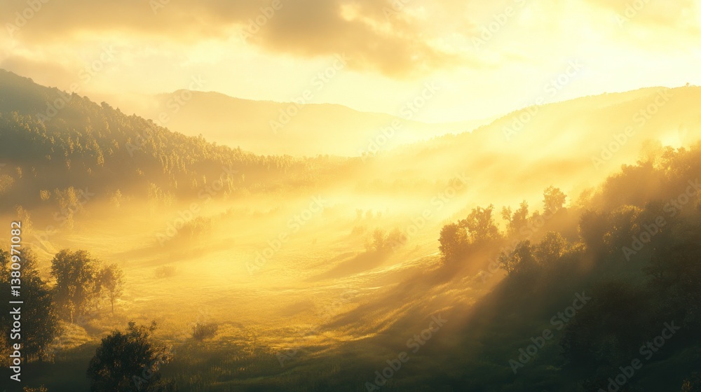 Golden Light Illuminating Foggy Mountain Valley with Trees Landscape
