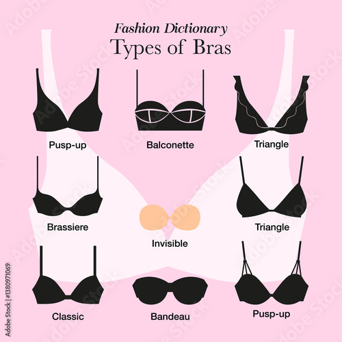 Women's bras. Types of bras. Set of lady bras silhouette vector art, black icon.