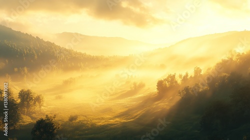 Obraz na płótnie Golden Light Illuminating Foggy Mountain Valley with Trees Landscape w salonie