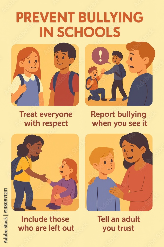 Educational poster promoting anti-bullying actions in school. Educational poster promoting anti-bullying actions in school.