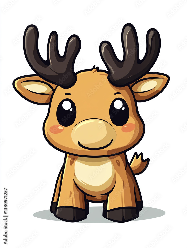 Obraz premium Cute chibi moose, simple flat cartoon illustration graphic sticker design on white background. 