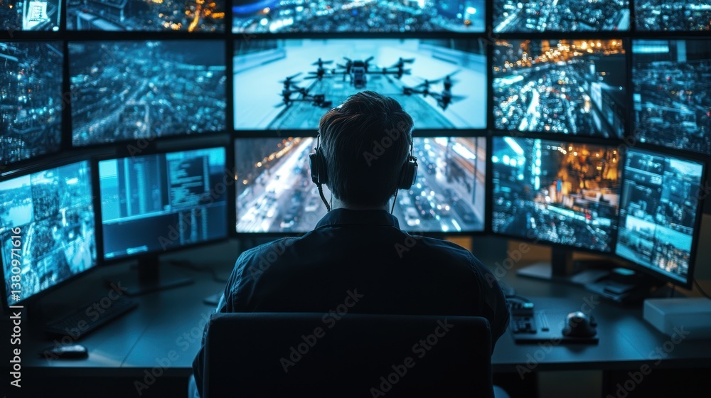 Monitoring Multiple Screens Person Wearing Headphones Watching City Surveillance