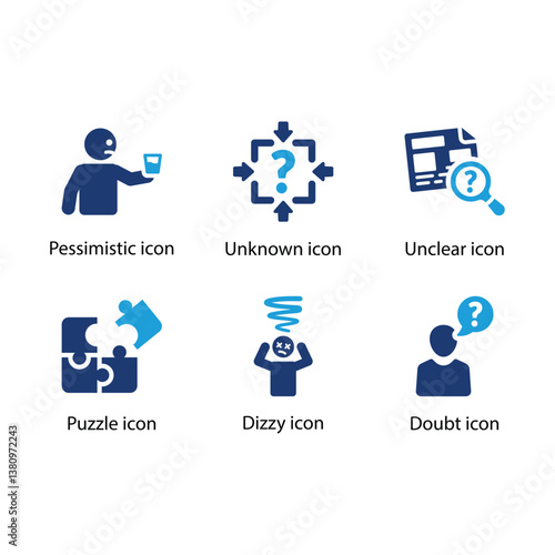 Pessimistic, Unknown, Unclear, Puzzle, Dizzy, Doubt, Blue Icon Set
