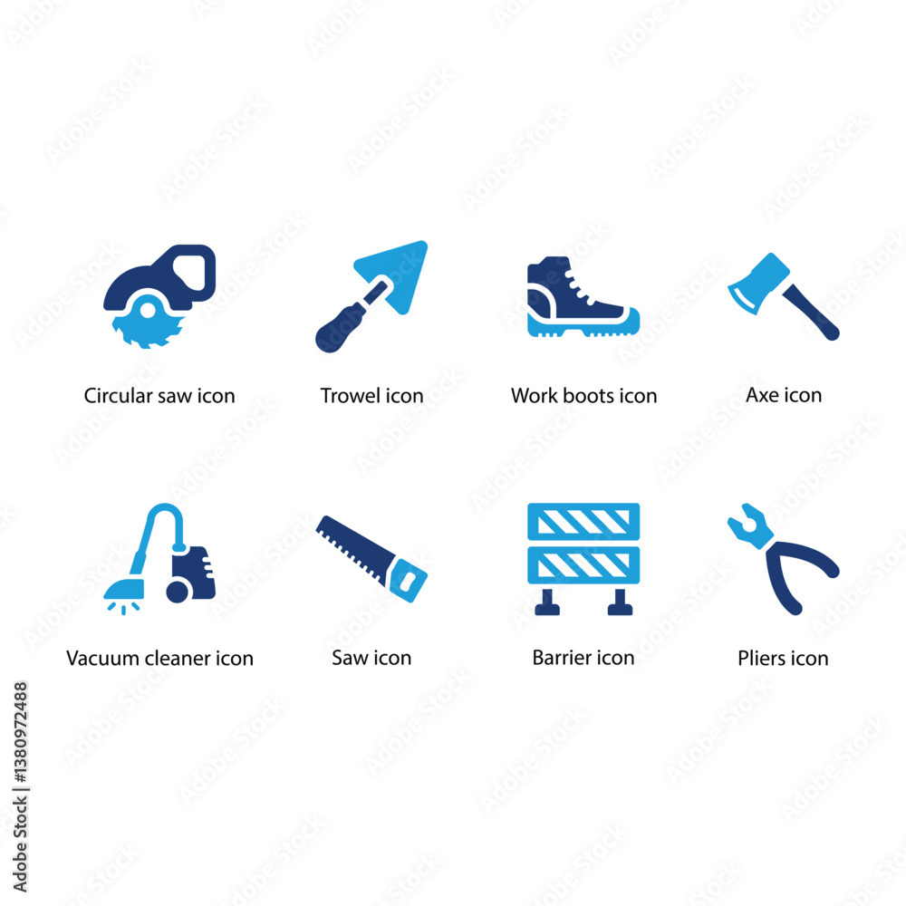 Obraz premium Circular saw, Trowel, Work boots, Axe, Vacuum cleaner, Saw, Barrier, Pliers, Blue Icon Set