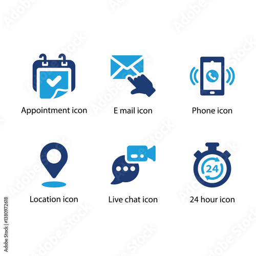 Appointment, E mail, Phone, Location, Live chat, 24 hour, Blue Icon Set