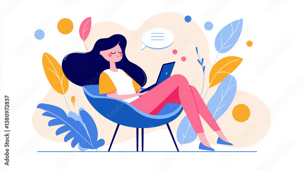 Obraz premium woman sitting comfortably chair, using laptop while enjoying relaxed atmosphere. scene features colorful leaves and abstract shapes, creating