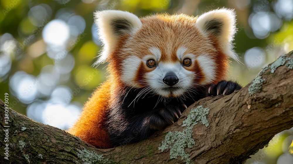 Adorable red panda perched on a mossy branch, gazing forward Adorable red panda perched on a mossy branch, gazing forward