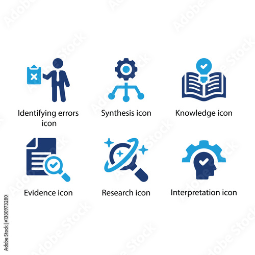 Identifying errors, Synthesis, Knowledge, Evidence, Research, Interpretation, Blue Icon Set