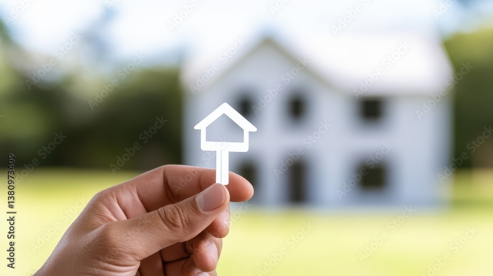 Naklejka premium Hand holding miniature white house with green lawn, symbol of homeownership and real estate investment