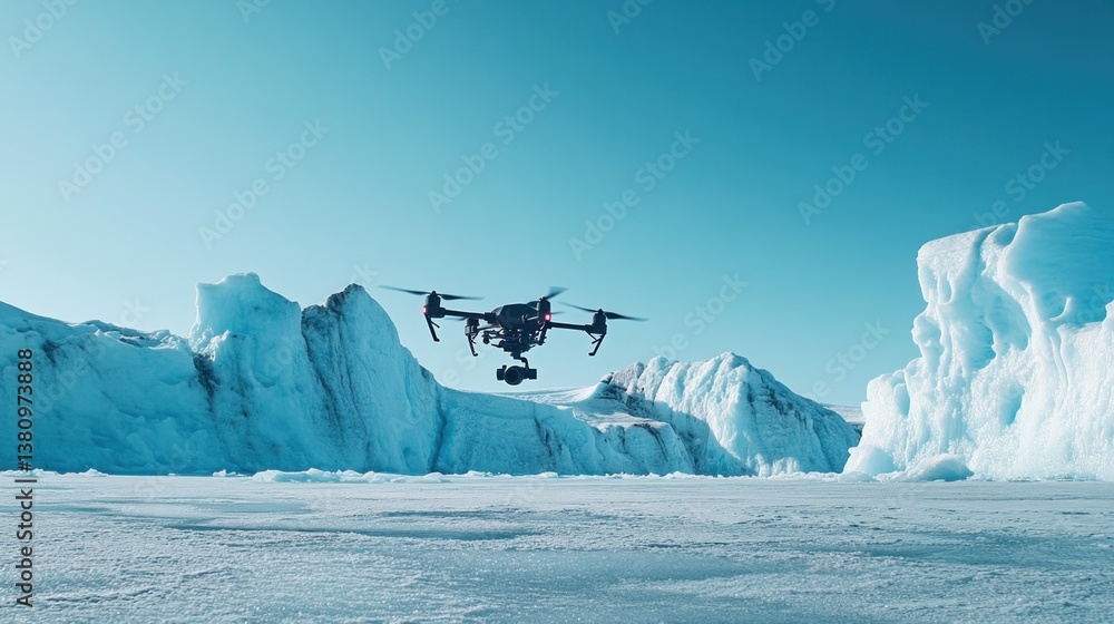 Drone Flying Over Snowy Landscape with Iceberg in Clear Sky