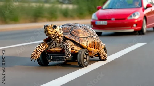 A tortoise riding a small cart on a road while a red car drives by in the background
