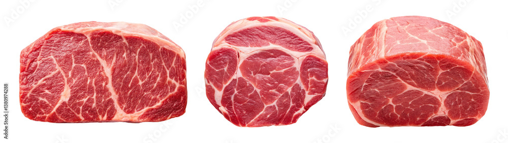 Three cuts of raw pork shoulder, showcasing different marbling and fat distribution. Three cuts of raw pork shoulder, showcasing different marbling and fat distribution.