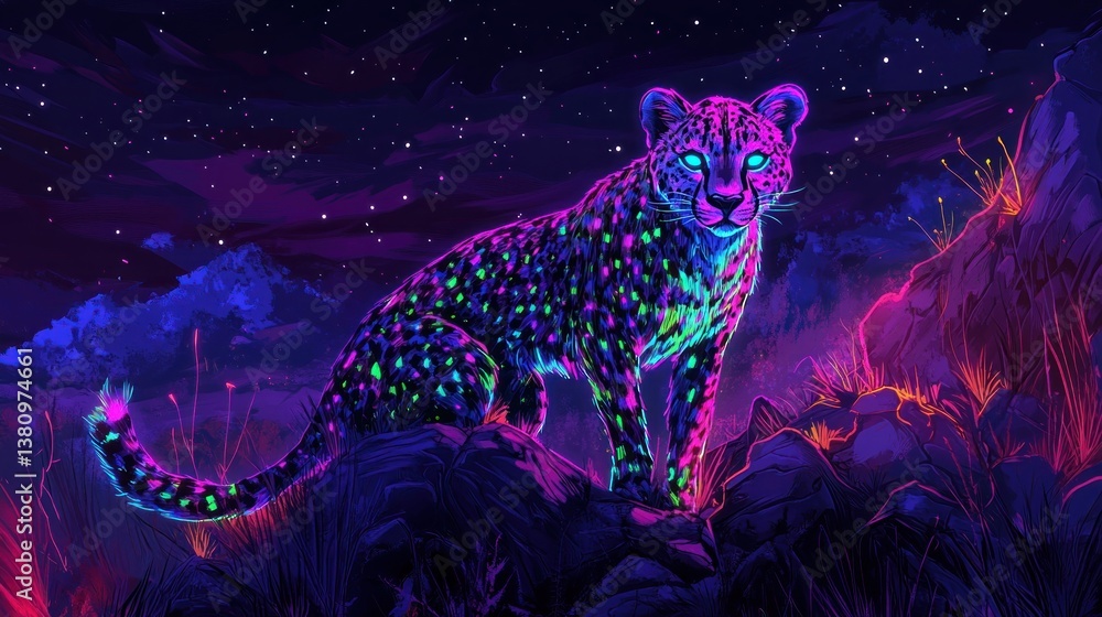 Colorful Leopard Illustration Standing on Rock Under a Starry Night