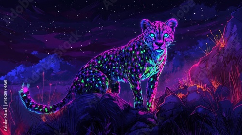 Obraz na płótnie Colorful Leopard Illustration Standing on Rock Under a Starry Night w salonie