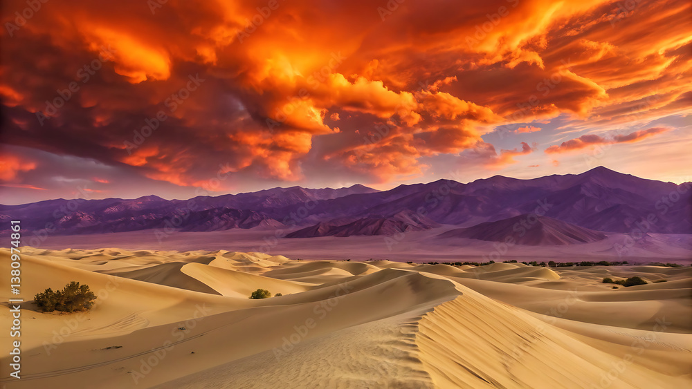 Fototapeta premium Dramatic sunset over desert dunes and mountains