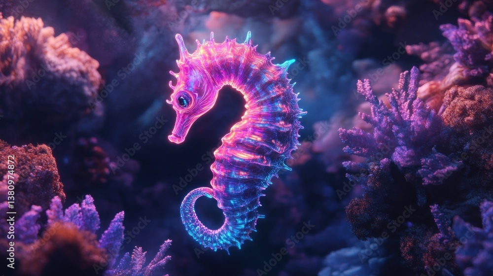 Glowing Seahorse Swimming Among Coral Reefs with Dreamy Pink and Blue Light
