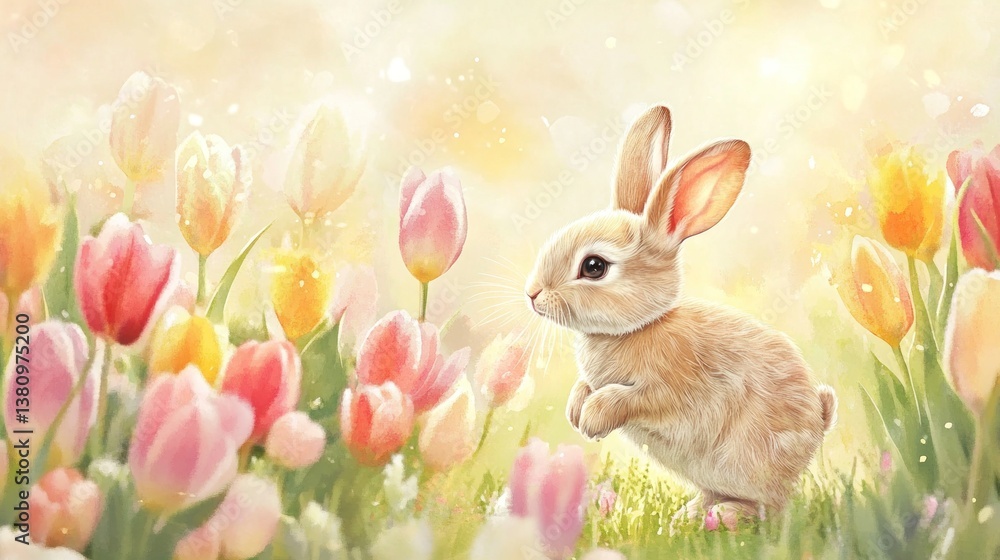 Rabbit Standing Among Tulips Springtime Scene with Watercolor Background