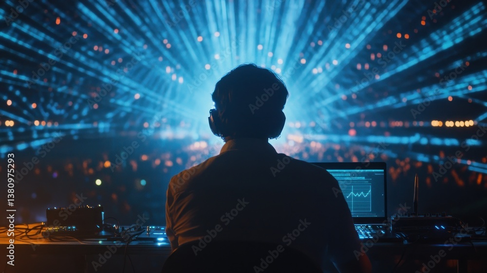 Man Working with Laptop at Light Show Event for Technology Concept