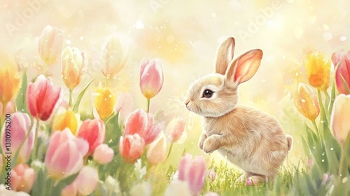 Obraz na płótnie Rabbit Standing Among Tulips Springtime Scene with Watercolor Background w salonie