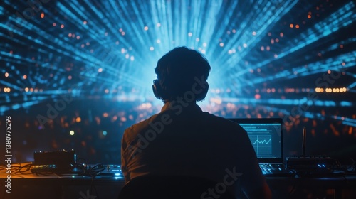 Obraz na płótnie Man Working with Laptop at Light Show Event for Technology Concept w salonie