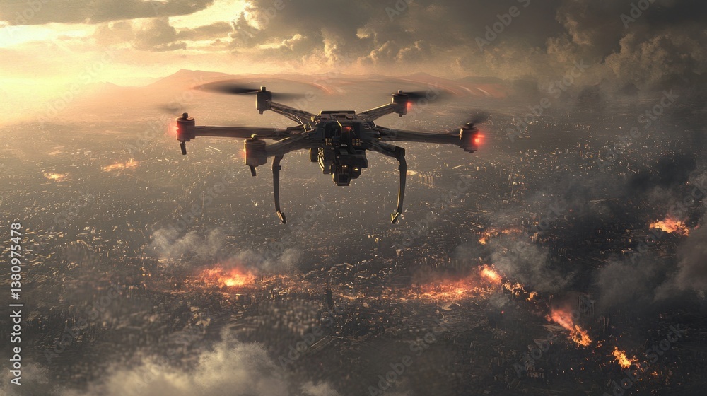 Drone Flying Over Burning City Landscape with Dramatic Cloudy Sky