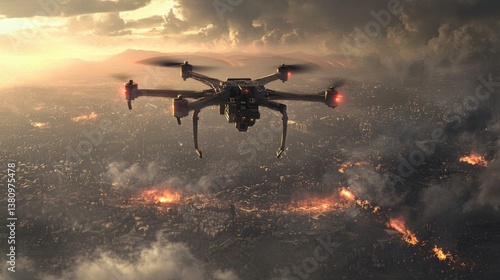 Obraz na płótnie Drone Flying Over Burning City Landscape with Dramatic Cloudy Sky w salonie