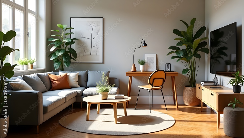 Modern Scandinavian living room with design furniture, grey sofa, plants, bamboo bookstand and wooden desk. Brown wooden parquet. Nice apartment. Modern Scandinavian living room with design furniture, grey sofa, plants, bamboo bookstand and wooden desk. Brown wooden parquet. Nice apartment.