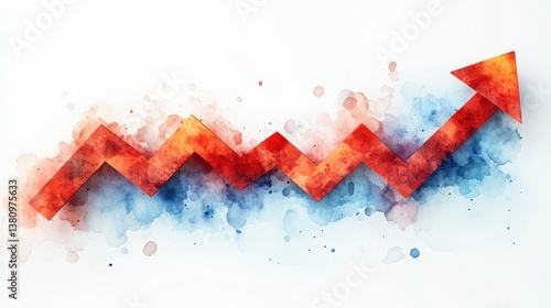 An upward-trending, zigzagging red arrow, with watercolor textures, indicating growth
