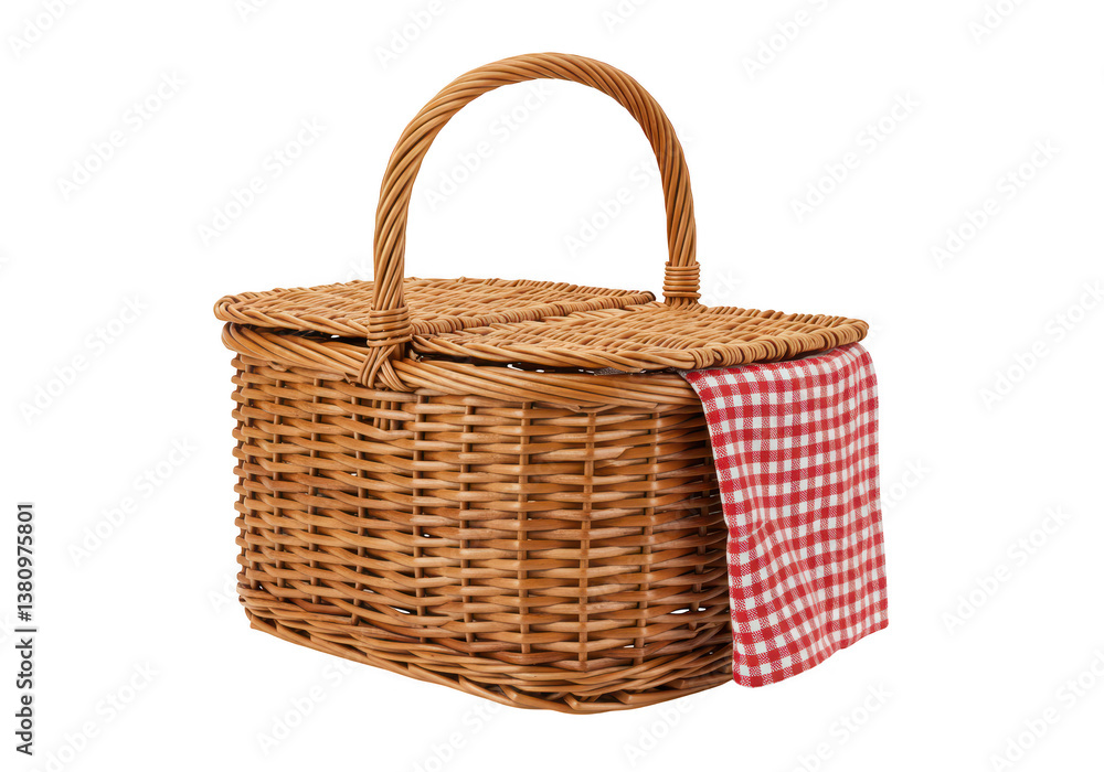 A classic round wicker picnic basket with a curved handle and a red and white checkered cloth draped over the edge isolated on transparent background A classic round wicker picnic basket with a curved handle and a red and white checkered cloth draped over the edge isolated on transparent background