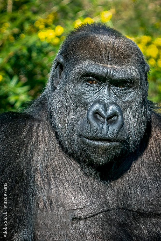 Close-Up of Gorilla in Nature Among Green Foliage and Yellow Flowers Highlighting Black Fur Texture Close-Up of Gorilla in Nature Among Green Foliage and Yellow Flowers Highlighting Black Fur Texture