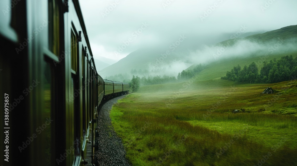 Train Traveling Through Scenic Green Landscape with Misty Mountains