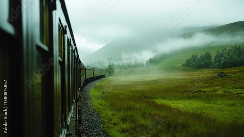 Obraz na płótnie Train Traveling Through Scenic Green Landscape with Misty Mountains w salonie
