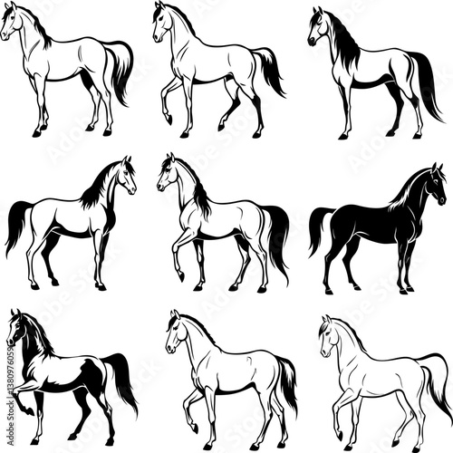 Horse clipart set with galloping and rearing poses, vector collection of wild equine symbols, black silhouette pack, animal icons, pet graphics, minimal horse illustration set.
