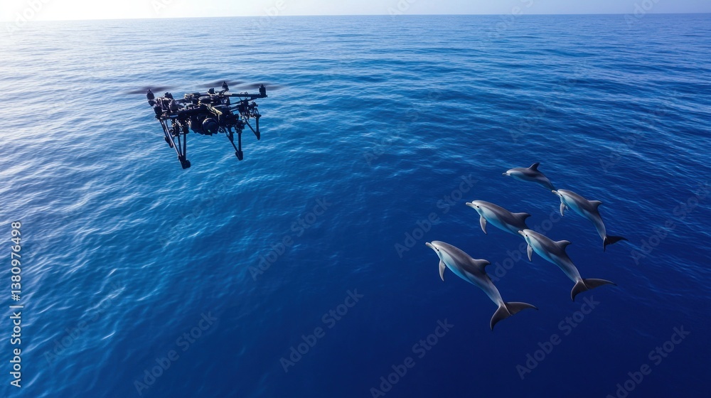 Drone Flying Over Ocean Observing Group of Dolphins Swimming Together