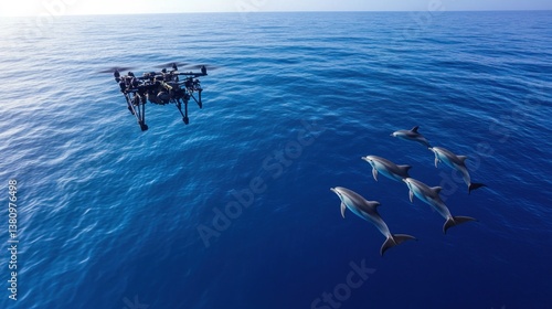 Obraz na płótnie Drone Flying Over Ocean Observing Group of Dolphins Swimming Together w salonie