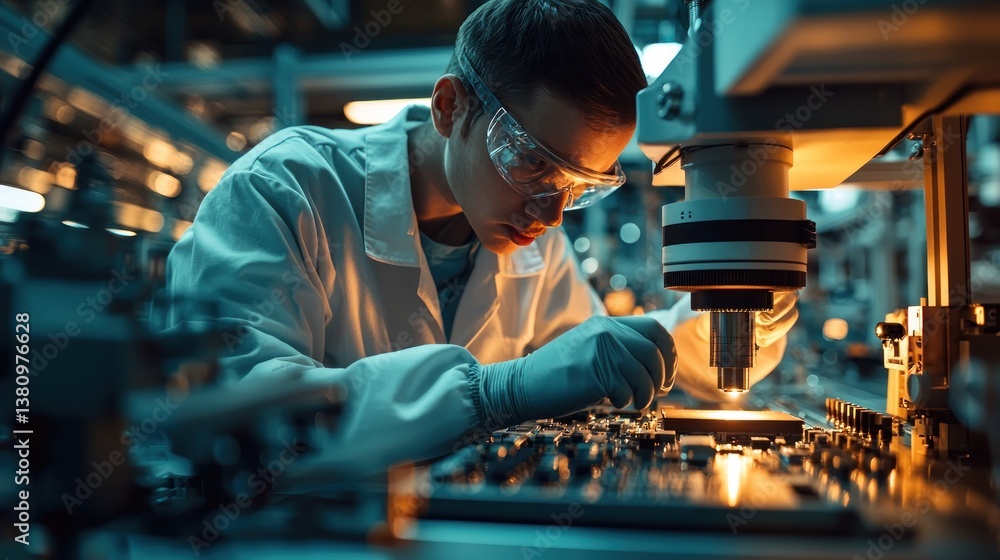 A factory worker examining a microchip on an assembly line, highlighting precision and technology in the manufacturing process. A factory worker examining a microchip on an assembly line, highlighting precision and technology in the manufacturing process.