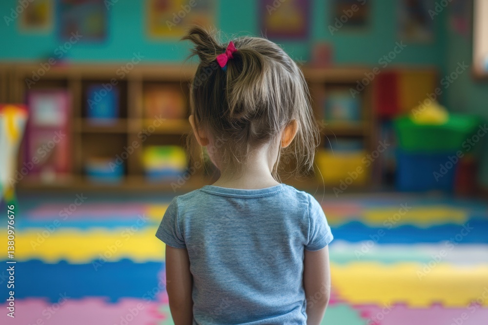 Young caucasian girl in classroom with colorful mats Young caucasian girl in classroom with colorful mats