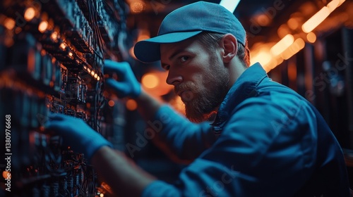 Wallpaper Mural A technician maintaining GPU mining rigs in a secure facility, emphasizing the precision and expertise required in managing cryptocurrency mining operations. Torontodigital.ca