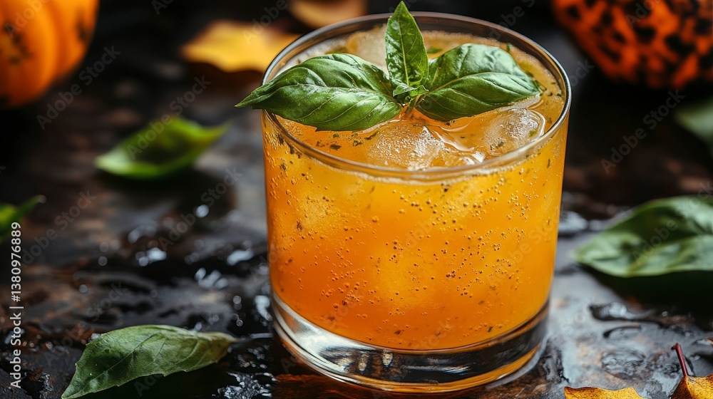 Orange drink with ice and basil on a dark, autumnal background Orange drink with ice and basil on a dark, autumnal background