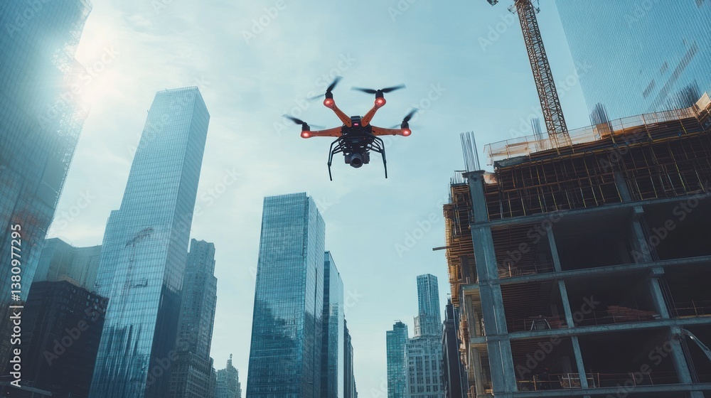 Flying Drone Over a Construction Site in Urban Cityscape