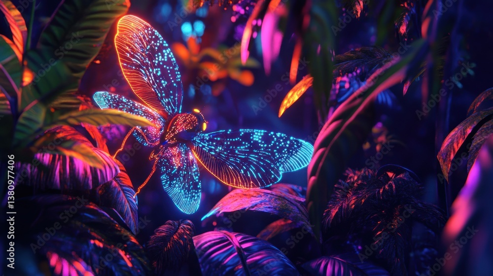 Glowing Insect Resting Among Tropical Plants with Vibrant Neon Lighting