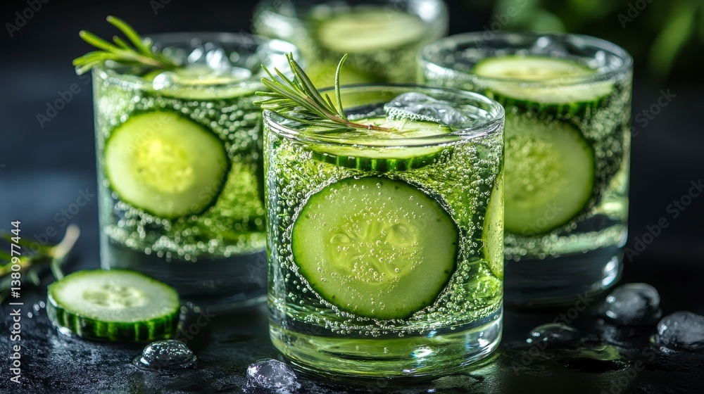Refreshing drinks. Glasses of sparkling cucumber cocktails garnished with rosemary, ice on a dark surface Refreshing drinks. Glasses of sparkling cucumber cocktails garnished with rosemary, ice on a dark surface