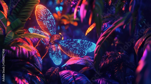 Obraz na płótnie Glowing Insect Resting Among Tropical Plants with Vibrant Neon Lighting w salonie