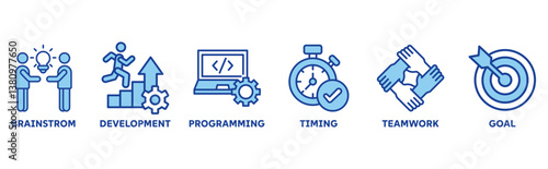 Hackathon icon set illustration concept for design sprint-like social coding event with icon of brainstorm, development, programming, timing, speed, teamwork, and goal