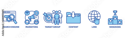Search Engine Marketing (SEM) icon set illustration concept with icons of search engine, marketing, target group, content, links, ranking