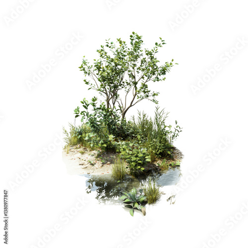 Lush Green Island Oasis with Reflecting Pool - 3D Render