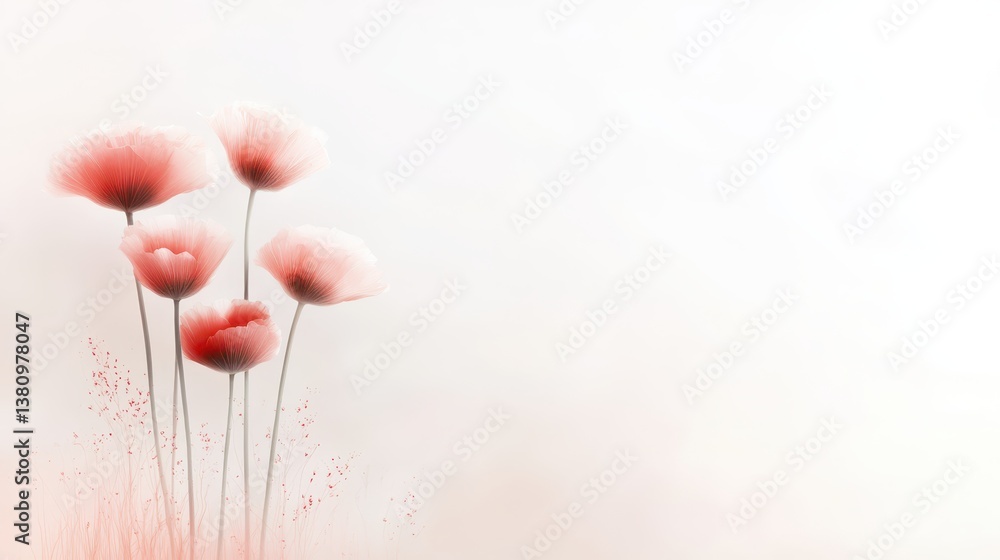 Striking red flowers on pure white, minimalist floral photography composition three